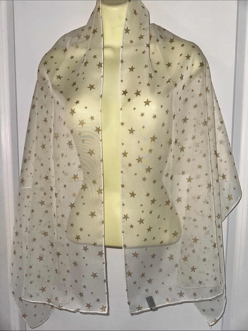 Vintage City Silk Co Sheer Star-Print Wrap Shawl- Cream/Ivory with Gold Stars